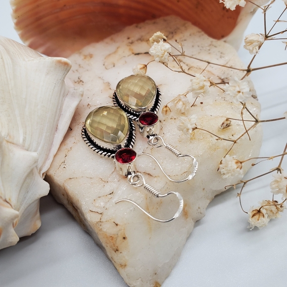 Genuine Stone Lemon Quartz Cherry Quartz Earrings - Picture 5 of 6